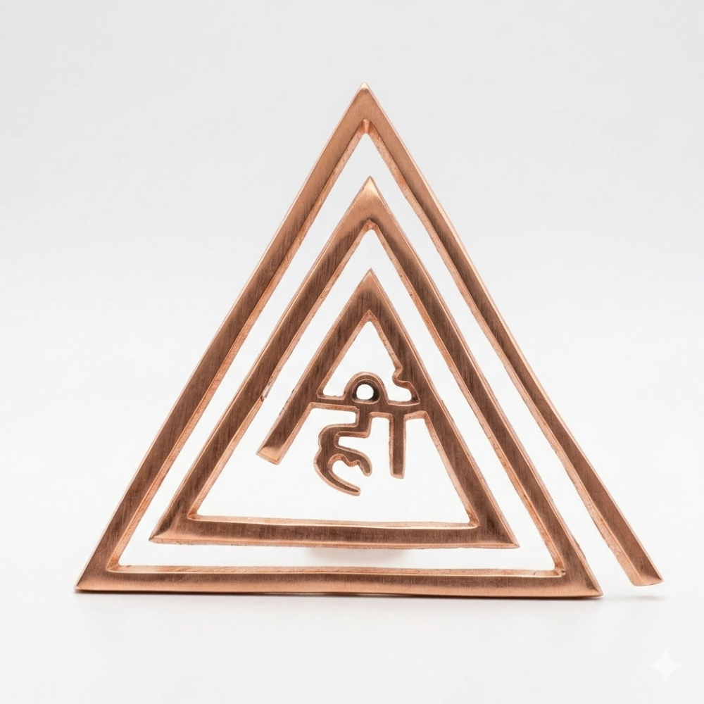 Pure copper triangular helix Vastu correction tool engraved with Beej Mantra for Agneya disha