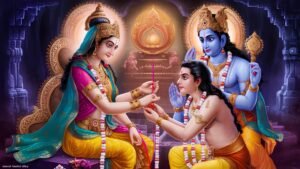 Mata Lakshmi ties rakhi to Bali Maharaj's wrist in patal lok & lord vishnu witnessing this moment. 